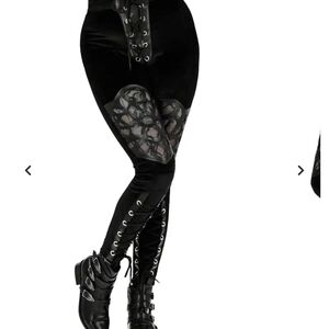 Black Lace-Panel Velvet Lace-Up Leggings - Women